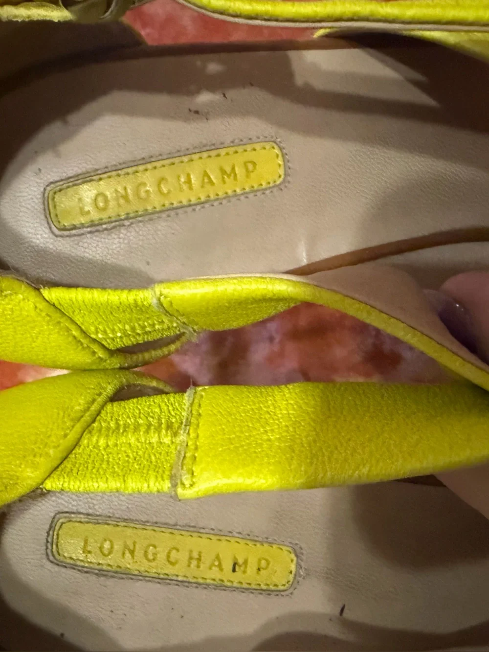 Longchamp Le Pliage Cuir Neon Yellow and Brown High Heel Sandals - Size 9.5/ 41